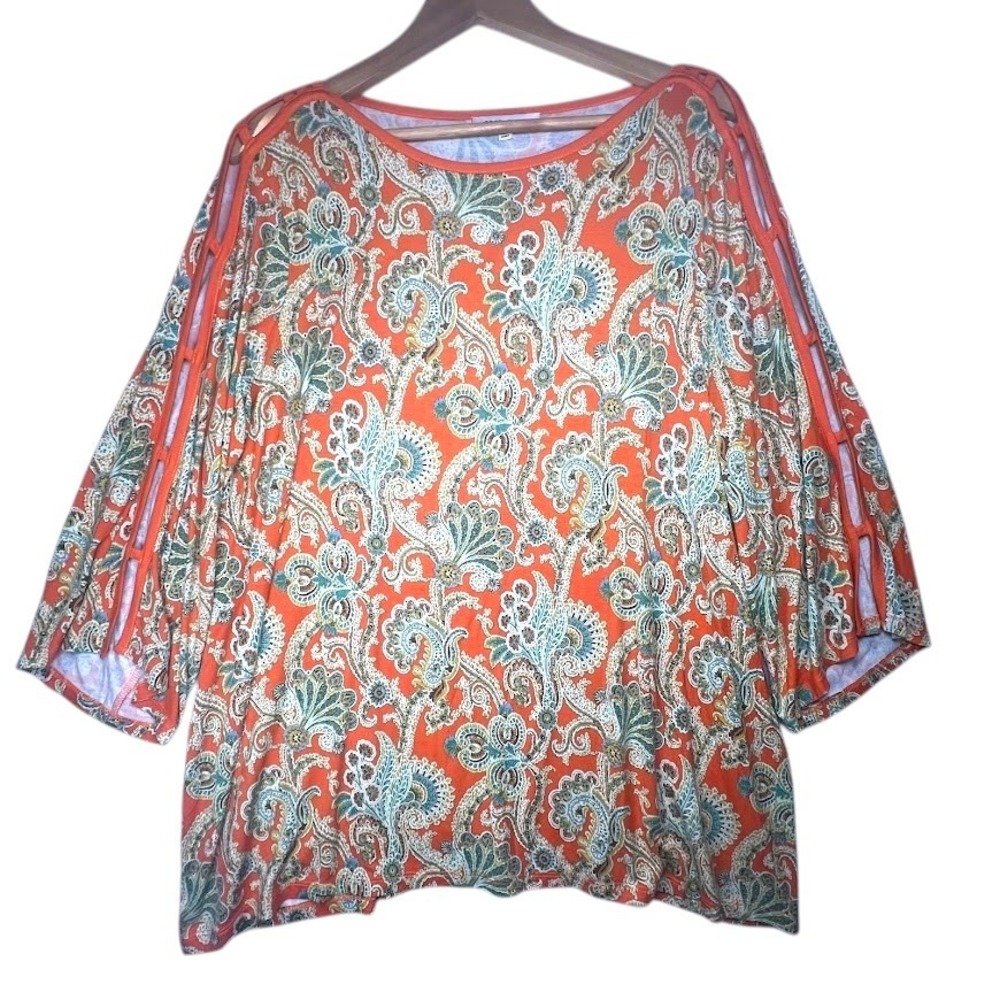 Boho Paisley Blouse 2X Orange Flowy Tunic‎ Cutout Sleeve Resort Top
